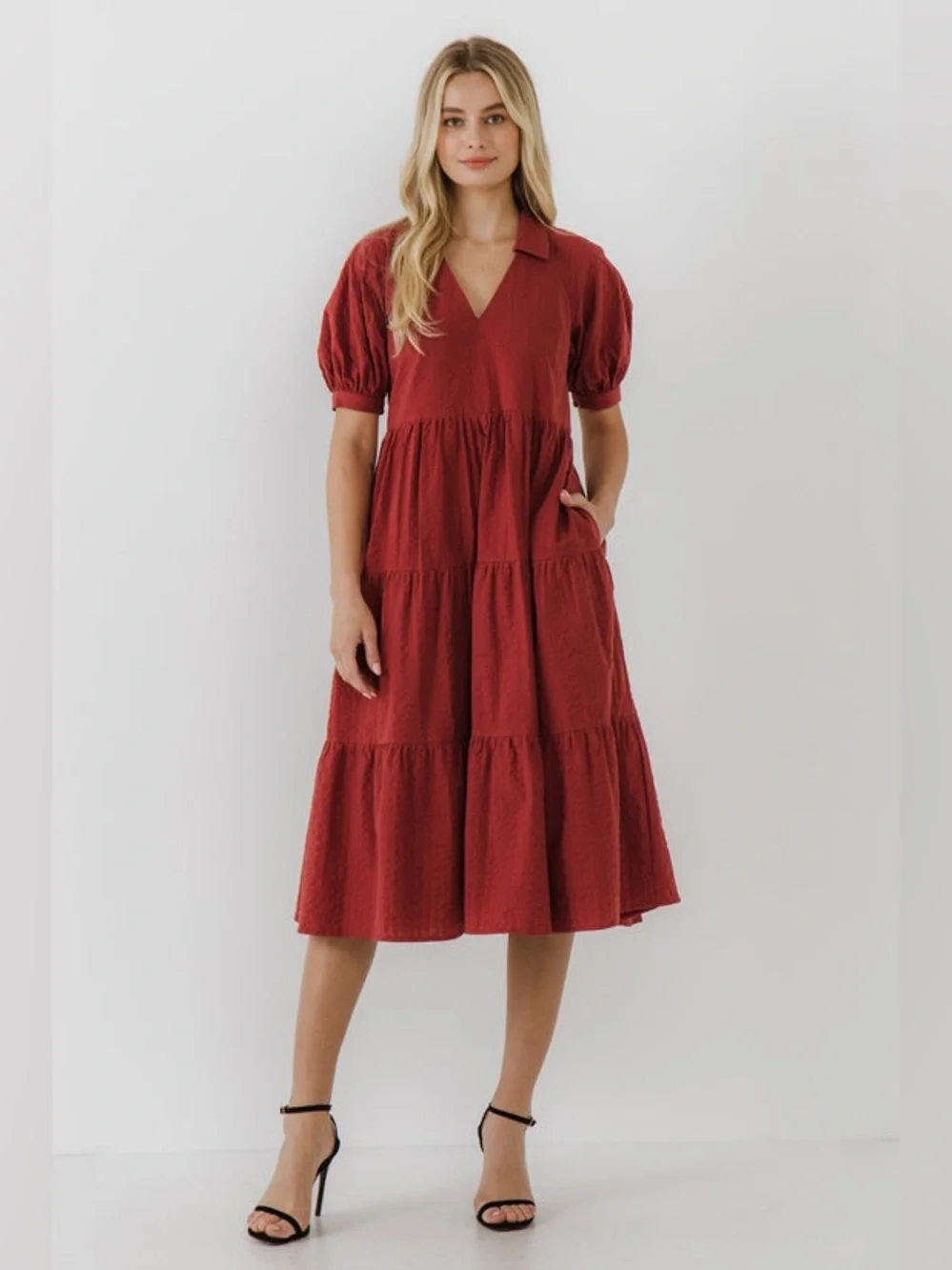 FREE THE ROSES Stripe Texture Tiered Collared Midi Dress in Red - S - Picture 9 of 16